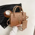 Khaki crocodile pattern handbag with gold S-logo and detachable shoulder strap - Khaki