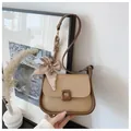 Beige and dark brown contrast mini bag featuring a stylish striped silk scarf handle - Khaki