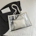 Summer transparent PVC tote bag with white inner pouch and cotton rope handles - White
