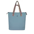 Light blue large capacity tote bag with colorful striped handles and drawstring sides - Blue