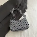 Chic black and white gingham underarm bag with cute bow embroidery and ruched strap - Black