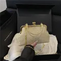 Vintage beige straw shell bag with gold clasp in a luxury black gift box packaging - Beige