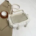 Bolso tote minimalista blanco crema con bolsillo de malla beige y correa caqui - Blanco