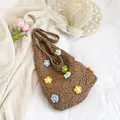 Brown crochet tote bag featuring colorful 3D knitted flower accents in a boho style - Upgraded Edition (With Colorful Flowers) / Upgraded Khaki