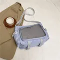 Bolso tote de nailon lila con ventana de malla gris y correa de hombro ajustable - Lavanda