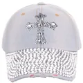 Detail of light blue denim baseball cap with rhinestone cross and frayed edge design - Adult Size (Adjustable) / Light Blue Denim