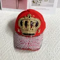 Detail of red crown baseball cap featuring pearls, rhinestones and metal star studs - Adult Size (Adjustable) / Red