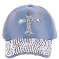 Denim baseball cap with rhinestone cross and studded brim in light blue washed finish - Adult Size (Adjustable) / Medium Blue Denim