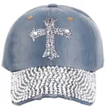 Detail of light blue denim baseball cap with rhinestone cross and studded brim - Adult Size (Adjustable) / Acid Wash Denim