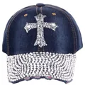 Detail of silver rhinestones cross and studded spikes on navy denim baseball cap - Adult Size (Adjustable) / Vintage Blue Denim