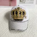 Detail of crown embroidery, gold bear studs, and pearl-embellished baseball cap brim - Adult Size (Adjustable) / White