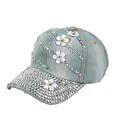 Light blue denim baseball cap with sparkling rhinestones and white 3D floral accents - Adult, Adjustable / Light Blue Denim