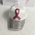 Close-up of white satin baseball cap with pink rhinestone ribbon and silver crystals - Adult Size (Adjustable) / White