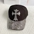Detail of baseball cap with rhinestone cross patch and fully studded brim - Adult Size (Adjustable) / Black