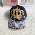 Navy denim baseball cap with gold crown embroidery and white pearls on the brim - Adult Size (Adjustable) / Denim Blue