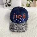 Detail of denim baseball cap featuring USA rhinestone lettering and star pattern - USA Letter Style