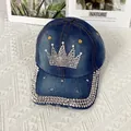 Detailed view of dark denim baseball cap with rhinestone crown and studded brim edge - Adult Adjustable / Pearl Crown Style / Dark Blue