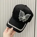 Black jacquard baseball cap with rhinestone butterfly patch and embellished brim decoration - Adult Size (Adjustable) / Black