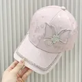 Pink rhinestone butterfly baseball cap with floral pattern and suede finish for women - Adult Size (Adjustable) / Pink