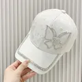 White baseball cap with floral jacquard, crystal butterfly and rhinestone chain trim - Adult Size (Adjustable) / White
