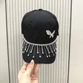 Fashionable black baseball cap with rhinestone butterfly and sparkling tassel fringe - One Size(Adjustable) / Black