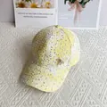 Detail of yellow sequin baseball cap with pearl bow buckle and tweed fabric texture - Adult Size (Adjustable) / Yellow