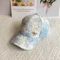 Detail of blue and white tweed baseball cap with silver sequins and metal bow - Adult Size (Adjustable) / Blue