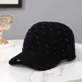 Minimalist black knit baseball cap with sparkling rhinestones for winter warmth - One Size(Adjustable) / Black
