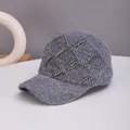 Detail of grey knitted baseball cap featuring sparkling rhinestone diamond patterns - Adult Size (Adjustable) / Gray
