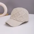Close-up of oatmeal knit baseball cap featuring sparkling rhinestones and sequins - Adult Size (Adjustable) / Off White
