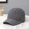 Detail of grey knitted baseball cap with sparkling rhinestones on marble surface - One Size(Adjustable) / Gray