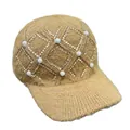 Damen Strick-Baseballkappe in Khaki mit Straßsteinen, Perlen und Gittermuster - Erwachsenengröße (Verstellbar) / Khaki