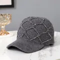 Detail of grey knitted baseball cap featuring sparkling rhinestone diamond patterns - Adult Size (Adjustable) / Gray