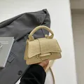Mini beige straw hourglass handbag with woven texture and top handle for women - Khaki