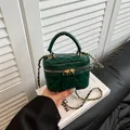 Dark green quilted mini box bag with gold chain strap and elegant top handle for women - Green