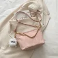 Pink faux leather tote bag with marble texture, chain strap, and plush keychain charm - With Pendant / Pink