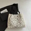 Borsa tote in maglia crema con graffiti neri e manici intrecciati resistenti - Bianco Crema Con Motivo Nero (Senza Pendaglio)