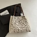 Borsa tote in maglia crema con graffiti marroni e manici in pelle intrecciata chic - Bianco Crema Con Motivo Caffè (Senza Pendaglio)