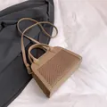 Borsa a mano retrò bicolore in tessuto beige e marrone con dettagli in oro fine - Cachi