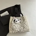 Knitted tote bag in cream white with black graffiti patterns and panda charm accessory - Creamy White With Black Pattern (With Panda Pendant)
