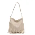Sac bandoulière bohème crème en simili cuir avec longues franges et œillets en métal - Blanc