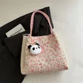 Pink and cream leopard knit tote bag with woven handles and cute panda plush keychain - Creamy White With Pink Pattern (With Panda Pendant)