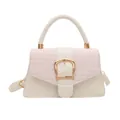Minimalistische beige Ledertasche mit rosa Webstruktur und goldener D-Ring-Schnalle - Weiß