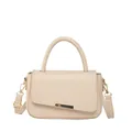 Elegant beige faux leather crossbody handbag with asymmetrical flap and gold metal bar - Khaki