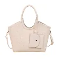 Chic beige clover embossed tote bag with top handles and detachable crossbody strap - White