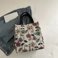 Floral canvas tote bag in off-white with colorful flower prints and black handles - Vintage Colorful Floral (Style 1)