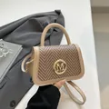 Braune gewebte Umhängetasche mit cremefarbenem Lederbesatz und Gold-M-Logo - Khaki