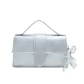 Silver metallic leather handbag with elegant pearl butterfly pendant and top handle - Silver with Charm