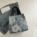Floral canvas tote bag with vintage oil painting pattern and black handles - Blue Artistic Floral (Style 4)