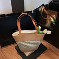 Woven straw bucket bag in beige with brown leather straps for beach holidays - Natural Woven Style (No Scarf)